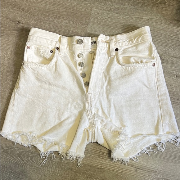 Agolde Pants - AGOLDE White High-Rise Button-Fly Frayed Denim Shorts